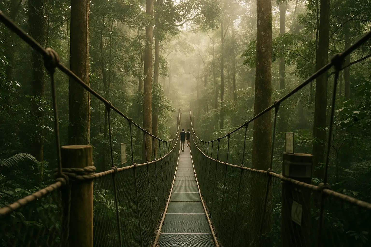 雨林树冠吊桥，远处有两位游客