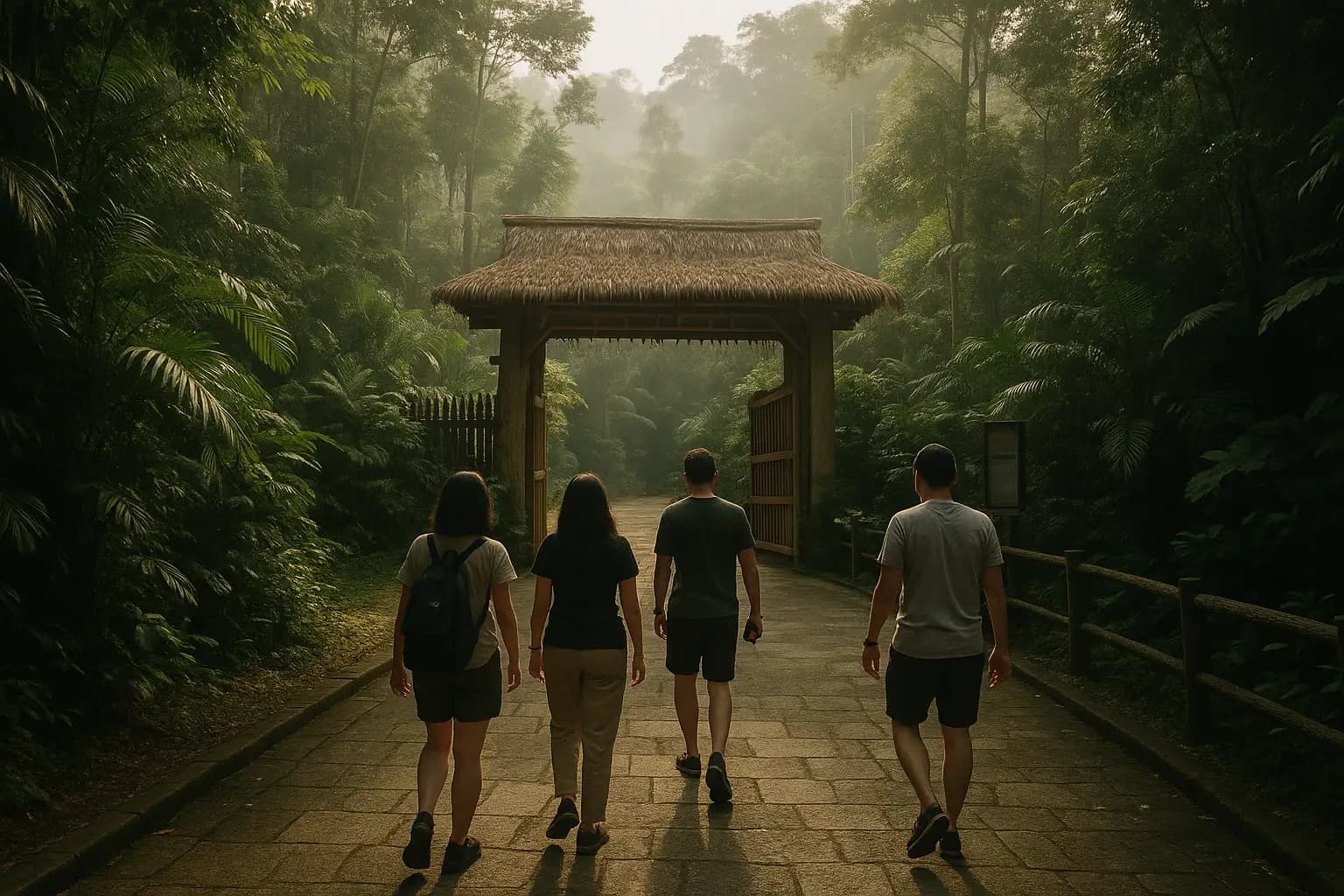 Visitors walking toward a rainforest eco-park entrance