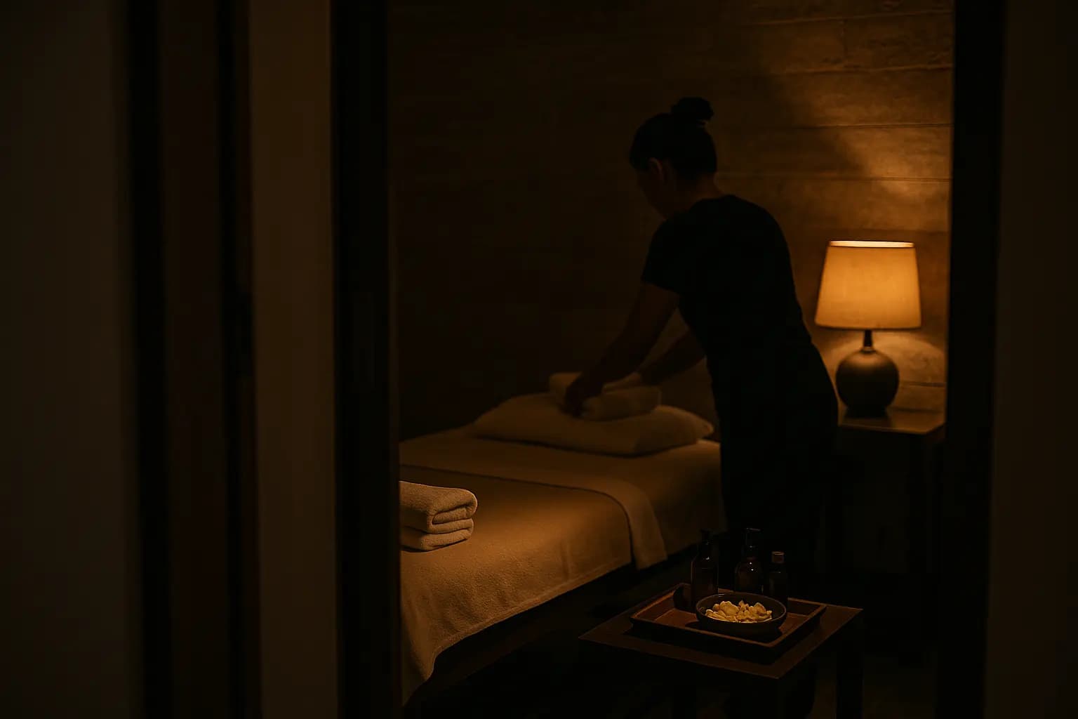 A spa treatment room in warm lamp light, a therapist folding towels