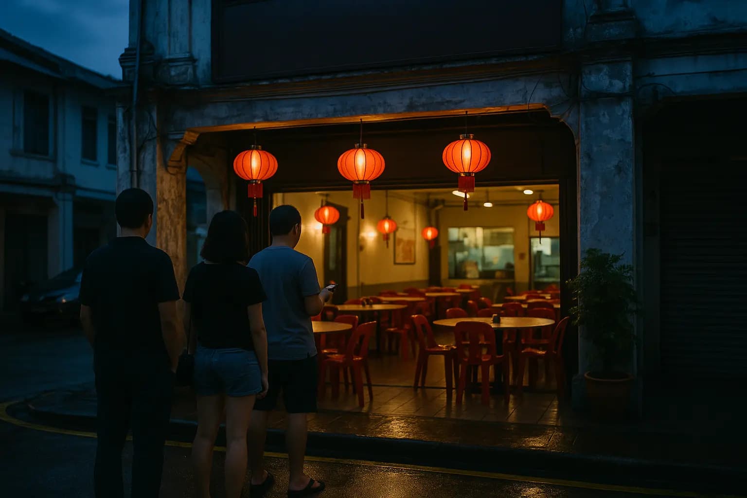 傍晚的吉隆坡店屋餐厅门口，几位客人在排队