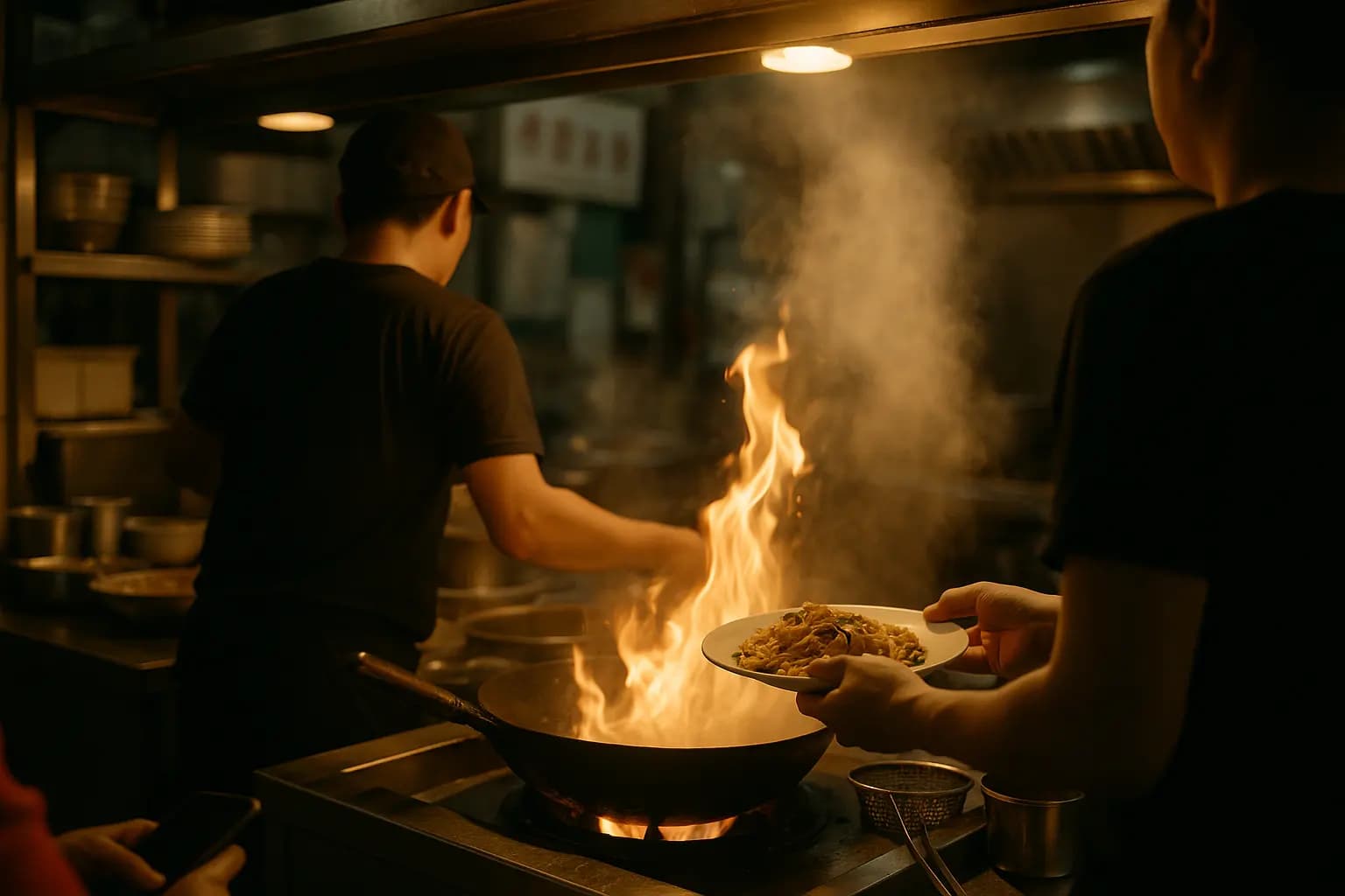 A Chinese restaurant kitchen pass, a wok flaring as a plate of noodles is handed over