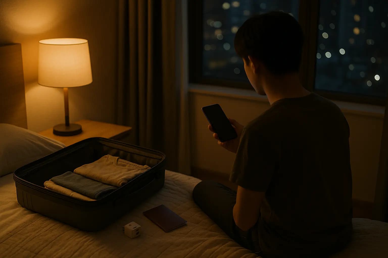 出发前一晚，旅客坐在打包好的行李箱旁看手机