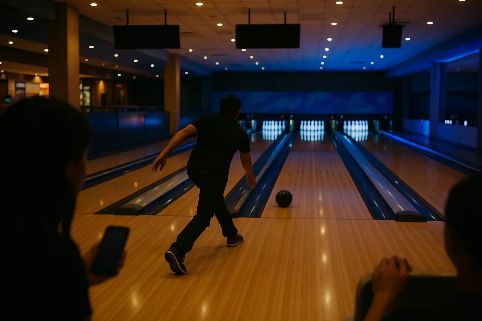 A bowling alley in a mall, a player mid-throw