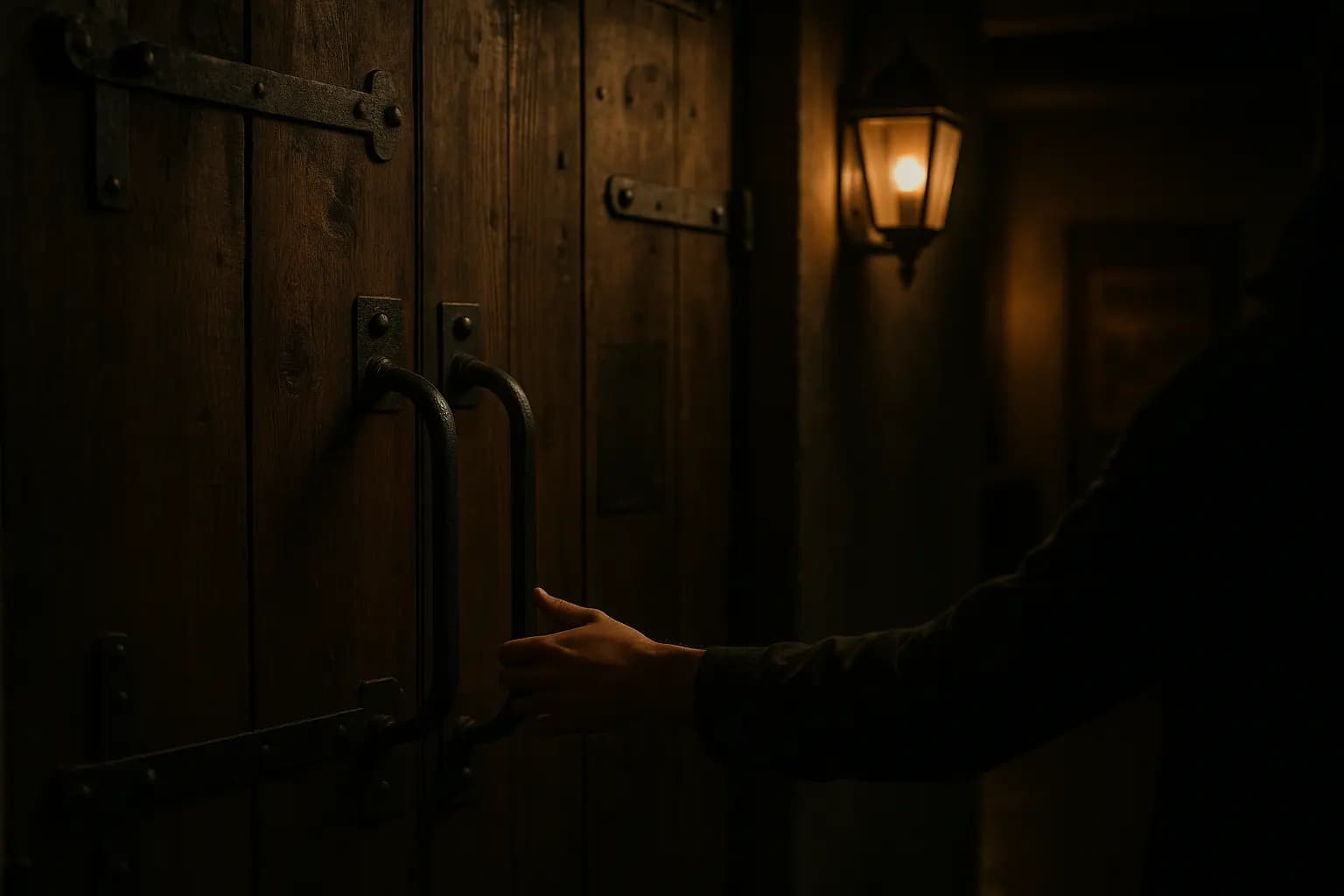 The wooden entrance door of an escape room, a hand on the handle