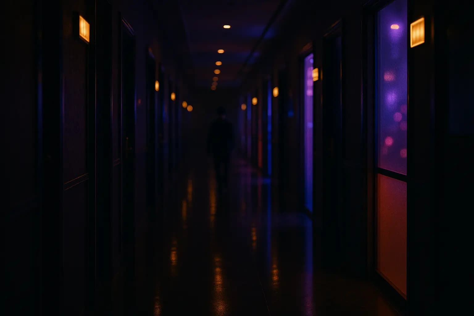 A karaoke corridor at night with lit room doors