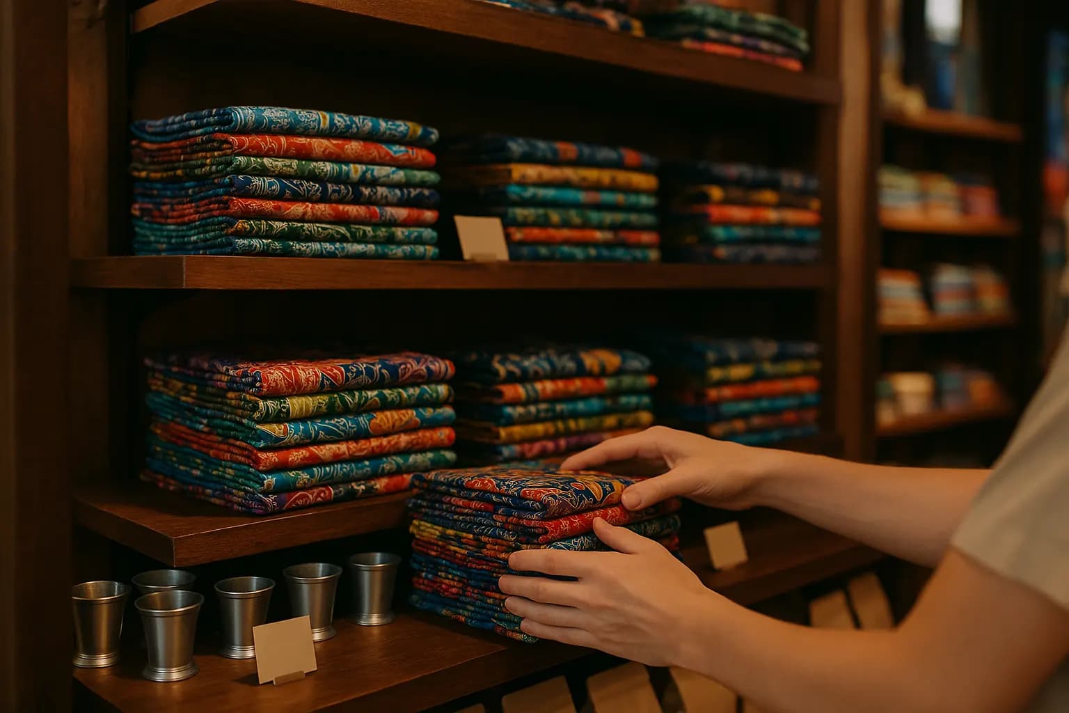 Batik, pewter and coffee on a souvenir shop shelf